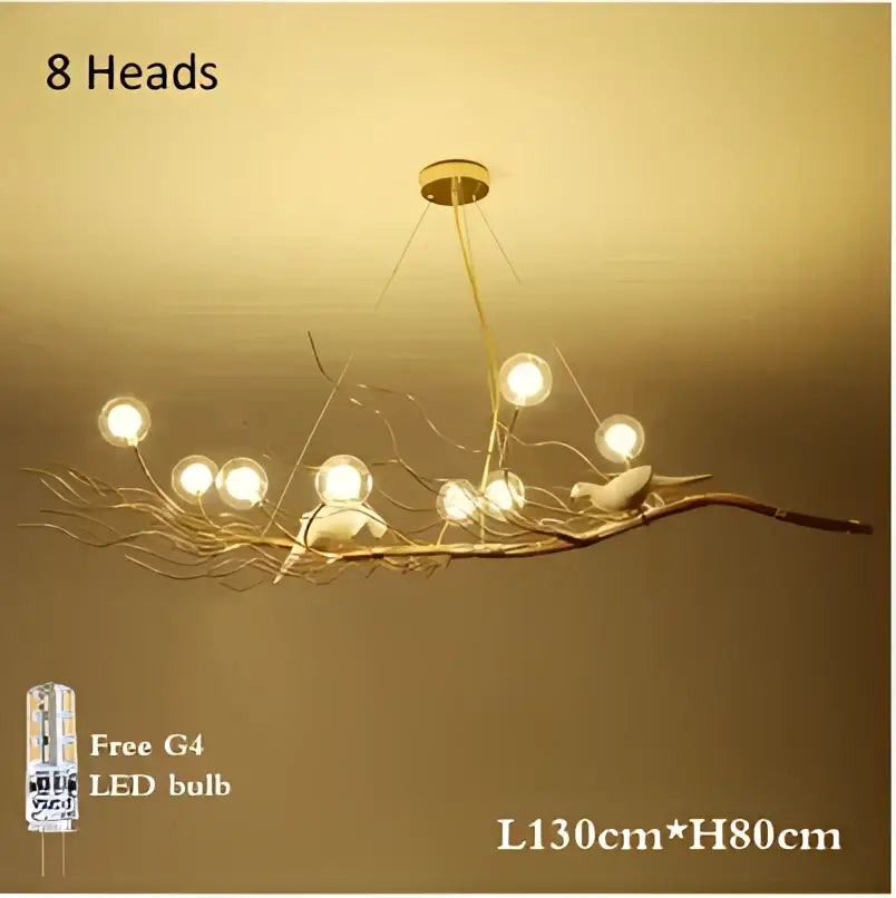 Retro gold bird nest led chandelier with eight glowing bulbs and white bird figurines for dining room decorbites bird nest
