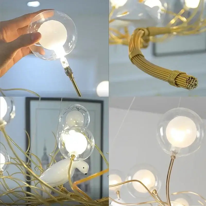 Retro gold bird nest led chandelier featuring gold tones, glass globe bulbs, and a white ceramic swan decorbites bird nest design