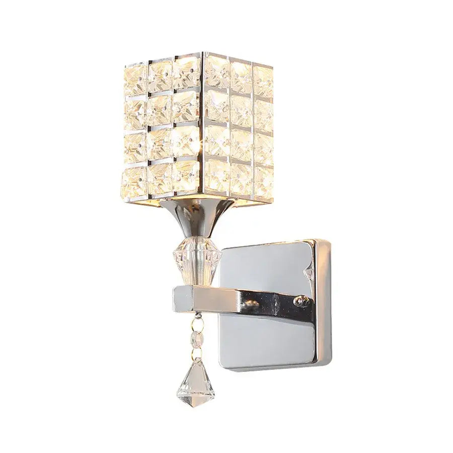 Chrome finished crystal wall sconce with square panel and faceted pendant for retro gold and chrome decorbites crystal wall use