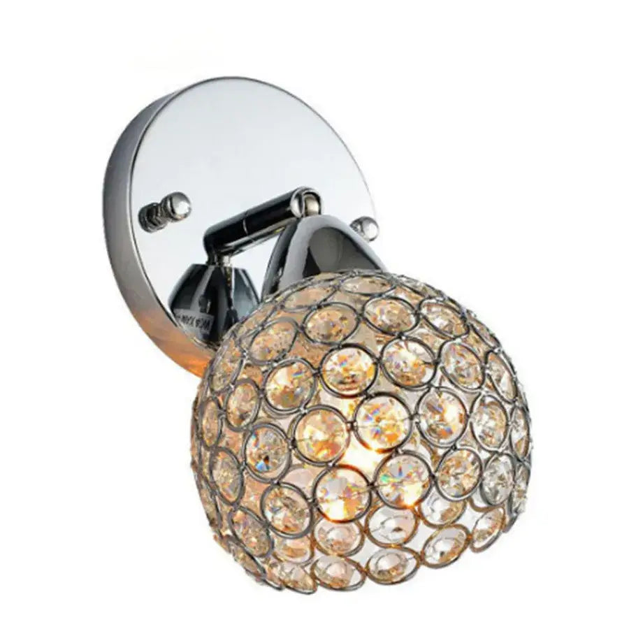 Retro gold and chrome crystal wall sconce with spherical design encrusted in clear faceted crystals for living room decorbites crystal wall sconce