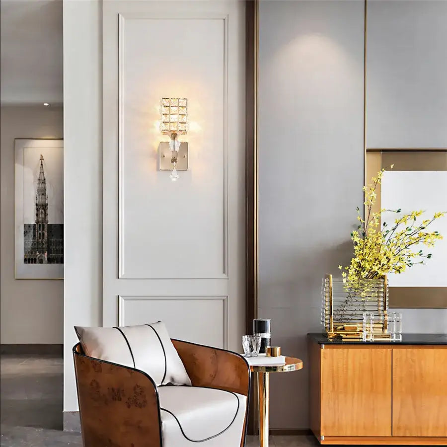 A retro gold and chrome decorbites crystal wall sconce with a square crystal grid for living room lighting