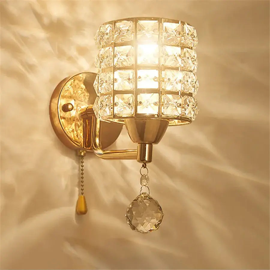 Retro gold and chrome crystal wall sconce with cylindrical crystal grid and faceted pendant for living room decorbites crystal wall sconce