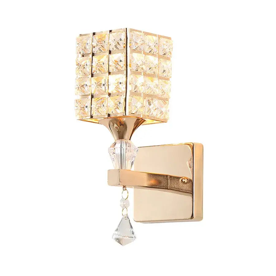 Gold-toned retro crystal wall sconce with square crystal grid and teardrop pendant for living room decorbites crystal wall sconce