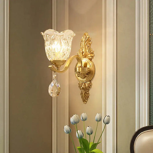 Gold-toned ornate retro wall lamp with faceted crystal shade and teardrop crystals for living room 220v-240v 110v-120v light type