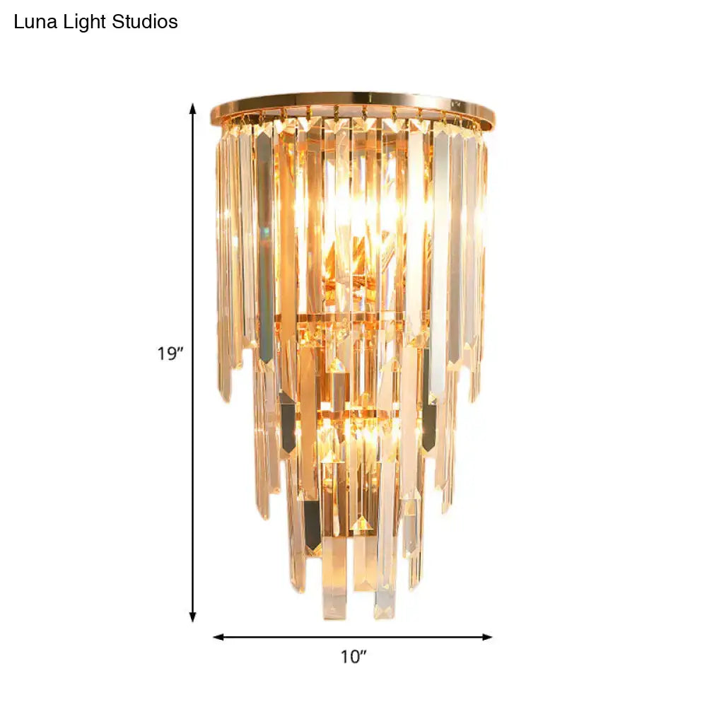 Retro gold crystal waterfall direct wired electric wall mounted sconce with three lights and cascading amber glass prisms