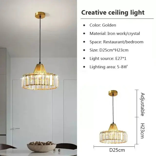 Golden retro decorbites crystal led pendant light with tiered crystal rods and ironwork frame for dining room lighting