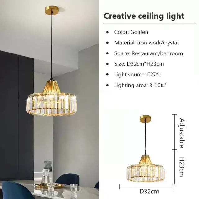 Golden decorbites crystal led pendant light with tiered ironwork and adjustable height for dining or bedroom use