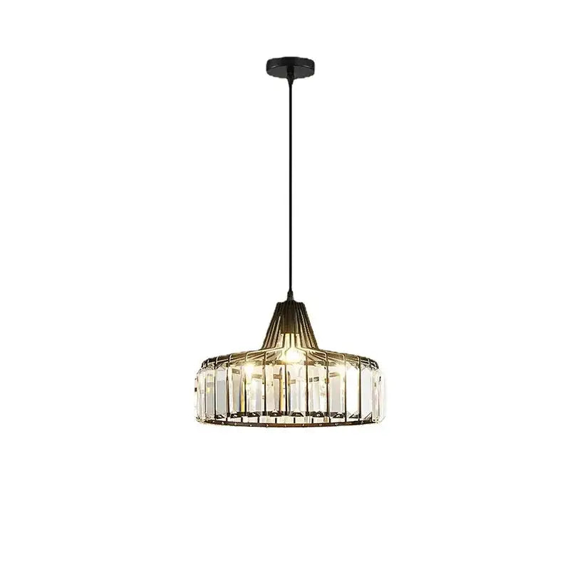 A modern black metal pendant light with decorbites crystal led vertical glass panels suspended by a thin cord