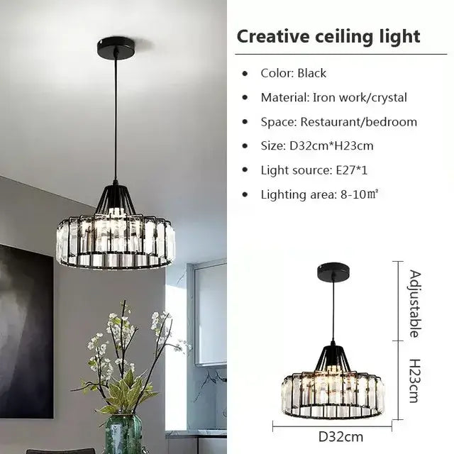 Black ironwork retro gold decorbites crystal led pendant light with adjustable height for dining room lighting