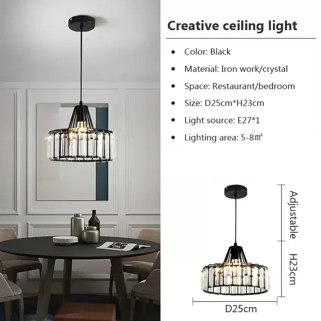 Black iron and crystal decorbites crystal led pendant light with adjustable height for dining room illumination