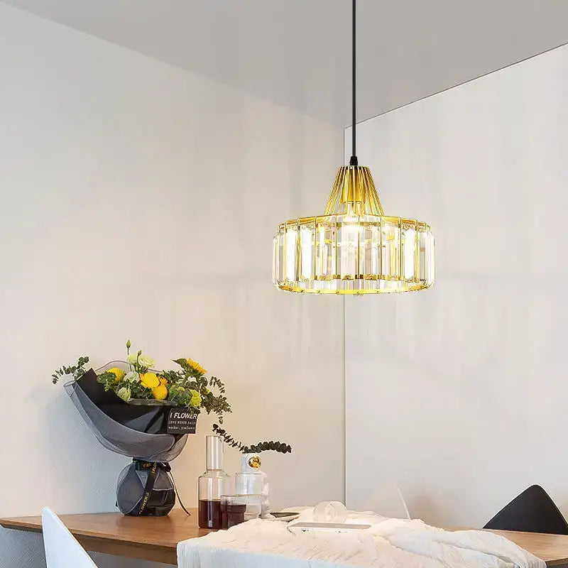 Retro gold decorbites crystal led pendant light in gold tone with vertical crystal rods for dining room illumination