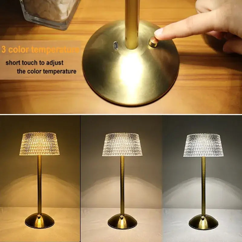 Brass-finished retro gold diamond crystal table lamp with textured glass shade and adjustable color temperature settings