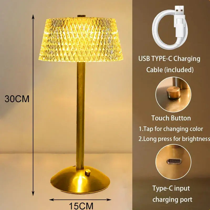 Retro gold diamond crystal table lamp with golden brass base and woven diamond-patterned glass shade for bedroom use