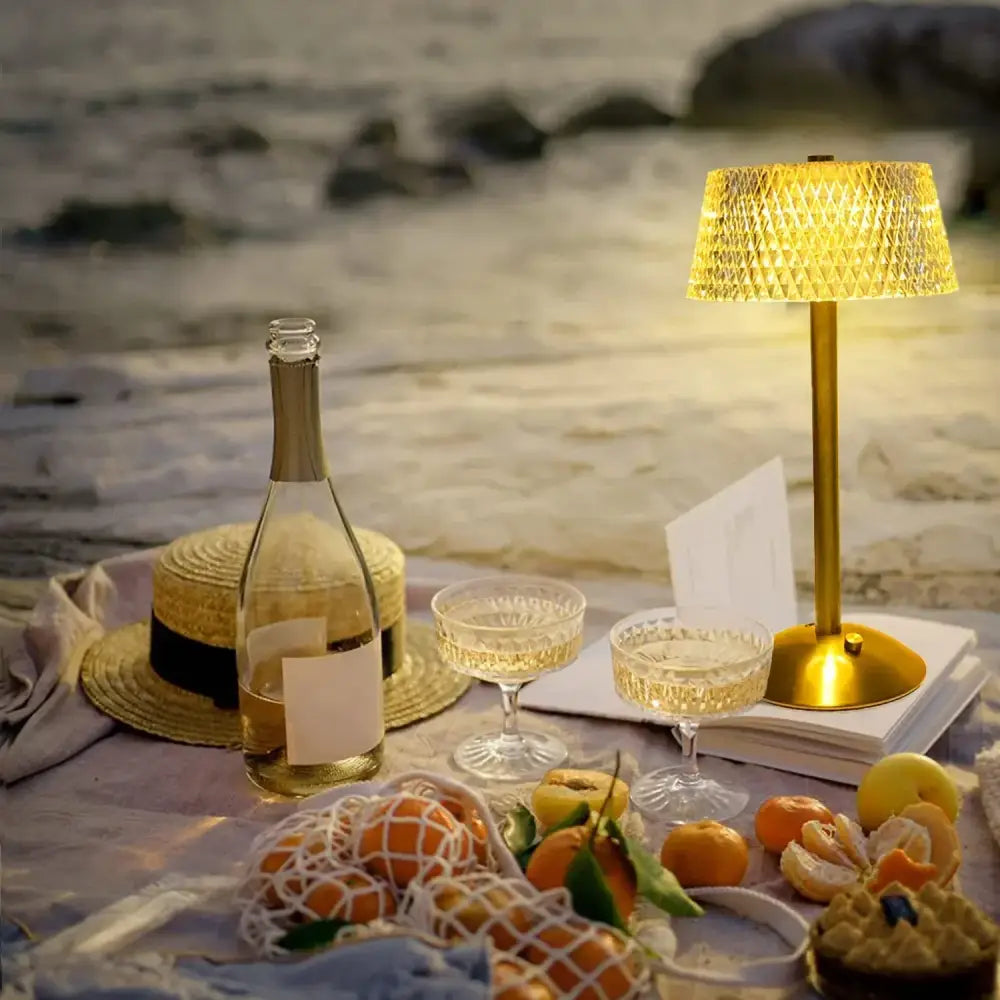 Golden retro gold diamond crystal table lamp with woven textured shade and sleek metallic base for bedroom night light