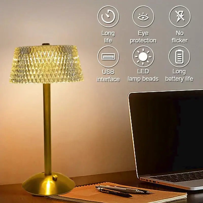 Retro gold diamond crystal table lamp with a textured woven glass shade and sleek metallic base for bedroom night light