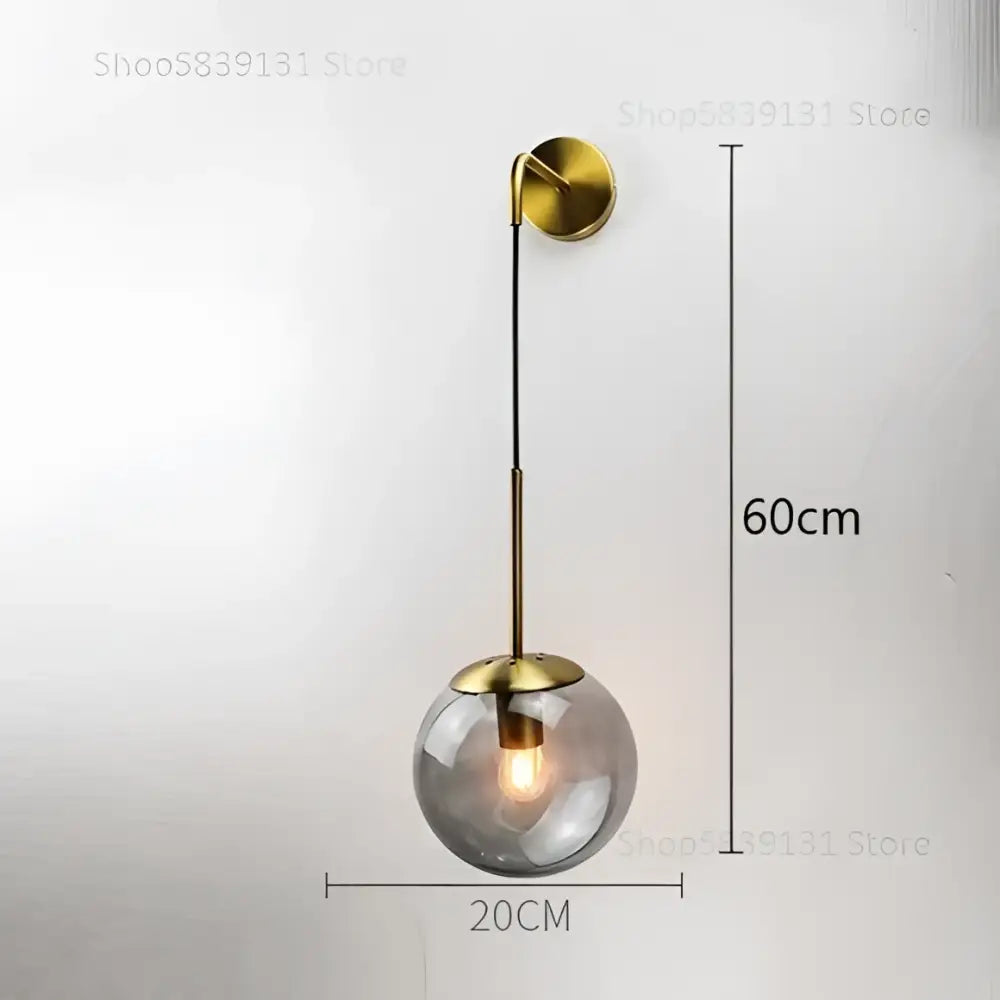 Retro gold decorbites glass ball wall lamp with brass finish and slender rod for bedroom smoked sconce decor