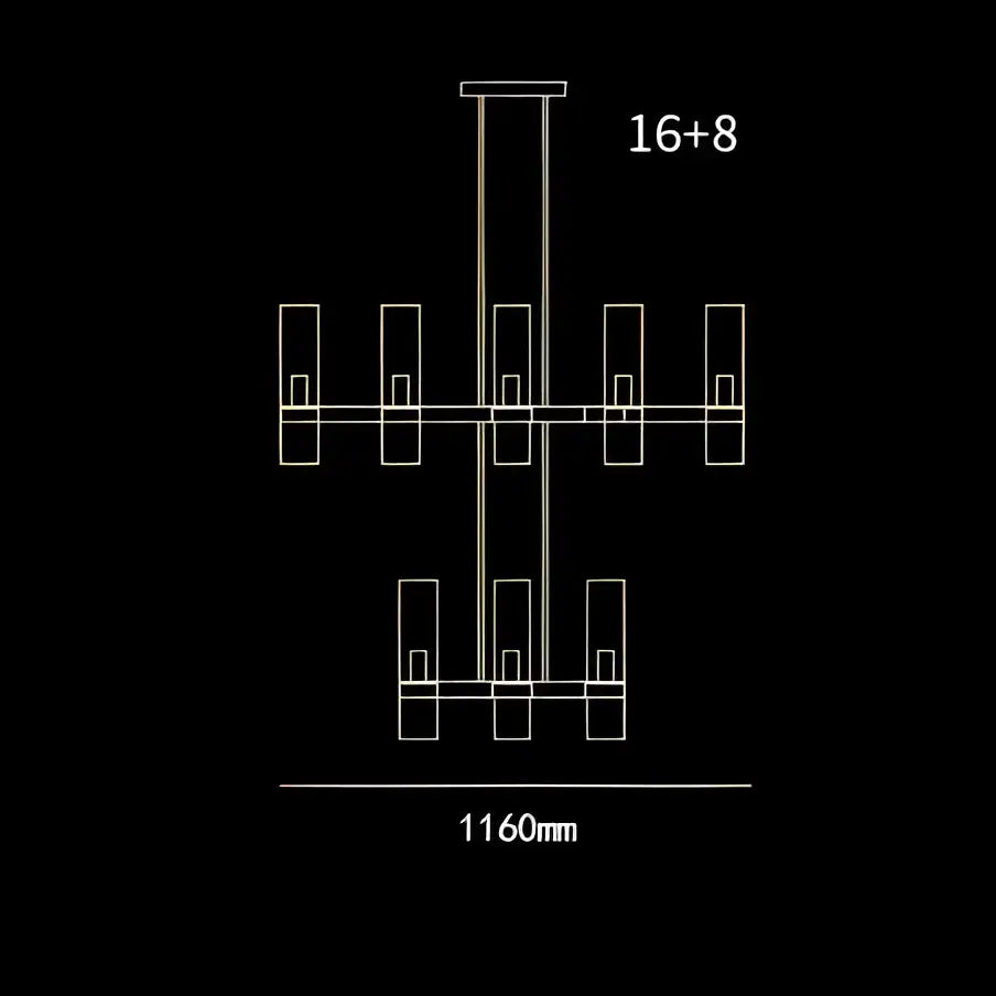 Black line drawing of retro gold glass chandelier pendant lamp with 16+8 light fixtures 1160mm width for dining room