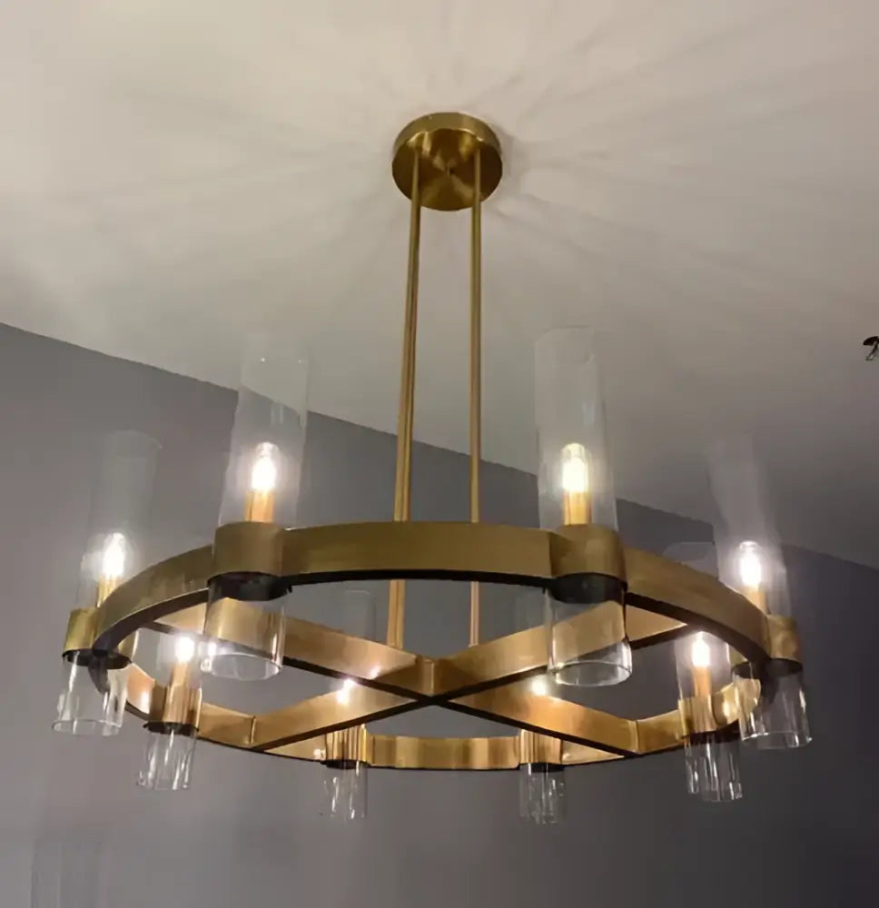 Brass ring retro gold glass chandelier pendant lamp with clear glass shades and exposed bulbs for dining room lighting