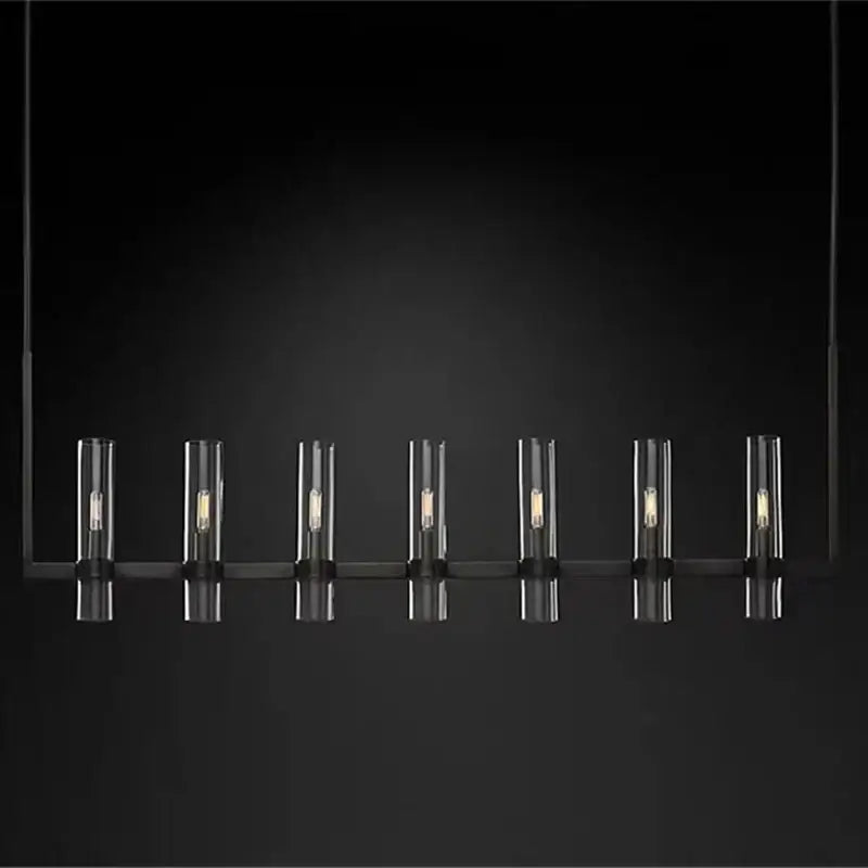 Modern black metal glass chandelier pendant with six clear glass cylinders and warm led bulbs for dining room lighting
