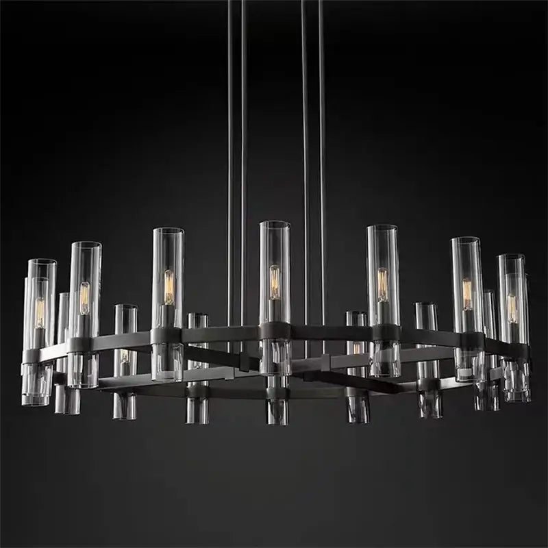 Modern black metal glass chandelier pendant with clear glass tubes and exposed filament bulbs for dining room lighting