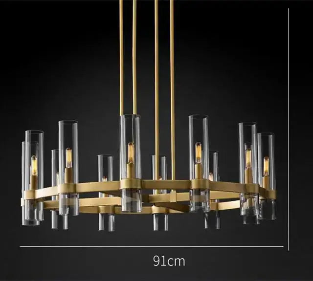 Modern retro gold glass chandelier pendant lamp with brass frame clear glass tubes and exposed filament bulbs for dining room