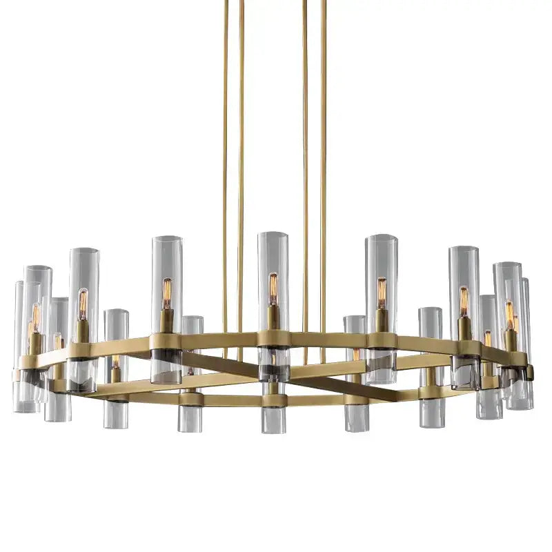 Modern retro gold glass chandelier pendant lamp with clear glass cylinders and exposed filament bulbs for dining room