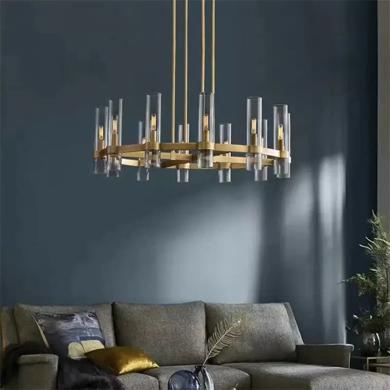 Modern retro gold glass chandelier pendant lamp with clear glass tubes and exposed bulbs for dining room lighting