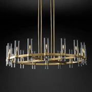 Retro gold glass chandelier pendant lamp with clear glass tubes and exposed filament bulbs for dining room lighting