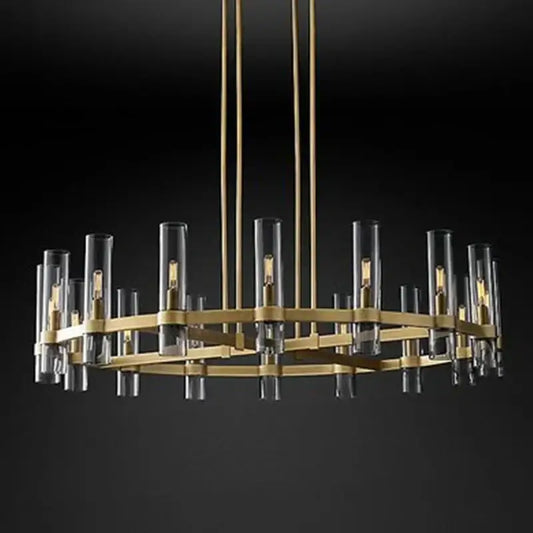 Retro gold glass chandelier pendant lamp with clear glass tubes and exposed filament bulbs for dining room lighting
