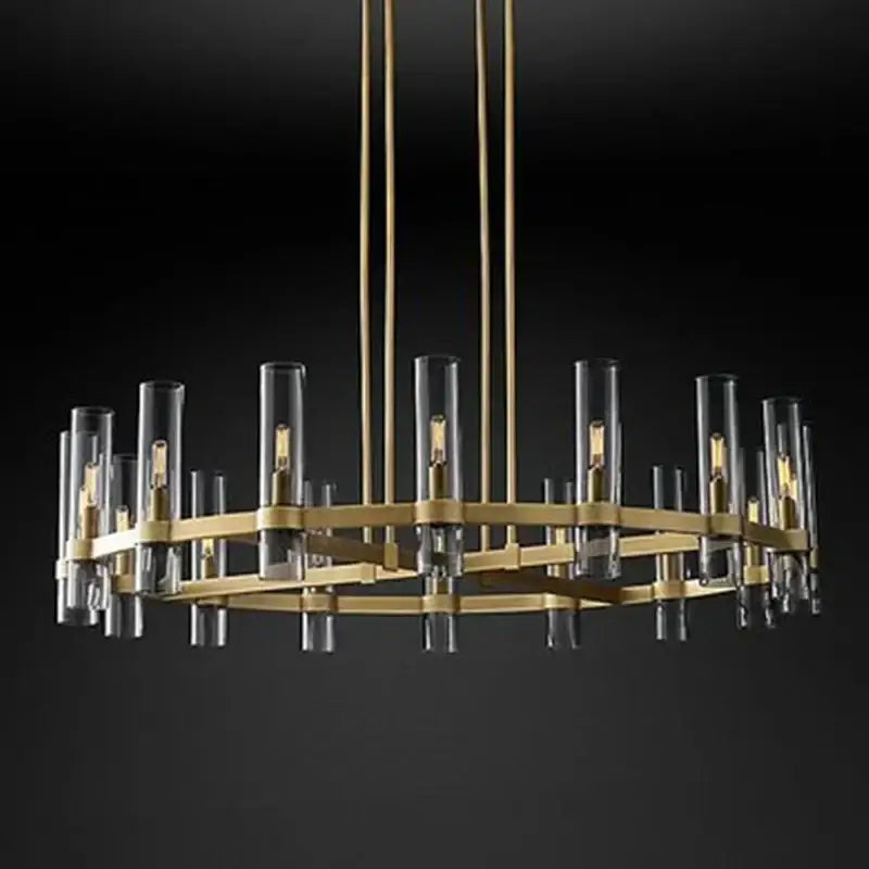 Retro gold glass chandelier pendant lamp with clear glass tubes and exposed filament bulbs for dining room lighting