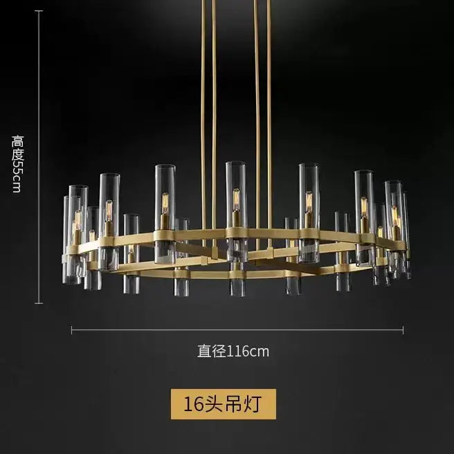Gold-toned retro glass chandelier pendant with 16 clear glass cylinders and filament bulbs for dining room lighting