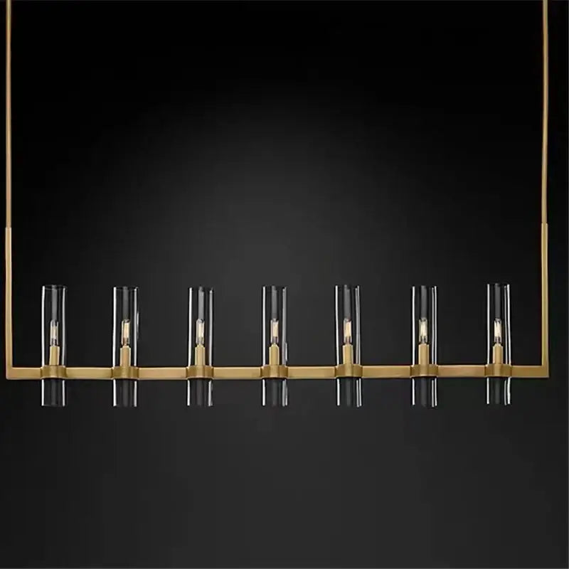 Retro gold glass chandelier pendant lamp with six clear glass candle holders and exposed filament bulbs for dining room