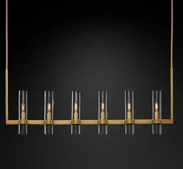 Retro gold glass chandelier pendant lamp featuring six clear glass cylinders with warm filament bulbs for dining room