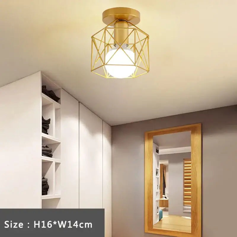 Retro gold iron cage ceiling lamp with frosted glass bulb providing warm glow lighting for bedroom decorbites iron cage