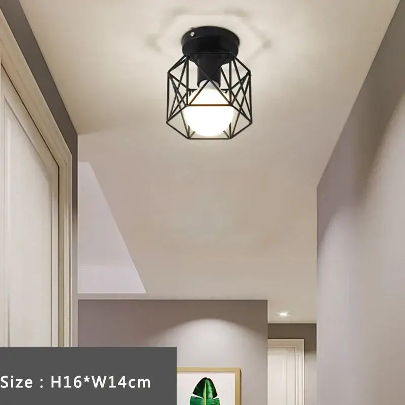 Black geometric metal ceiling lamp with frosted glass bulb iron cage retro decorbites iron cage for warm bedroom lighting