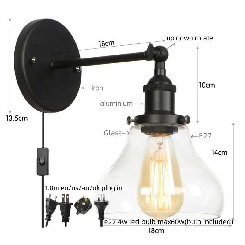 Black wrought iron and aluminum retro gold led wall sconce with glass shade and e27 led bulb for bedroom decorbites gold led