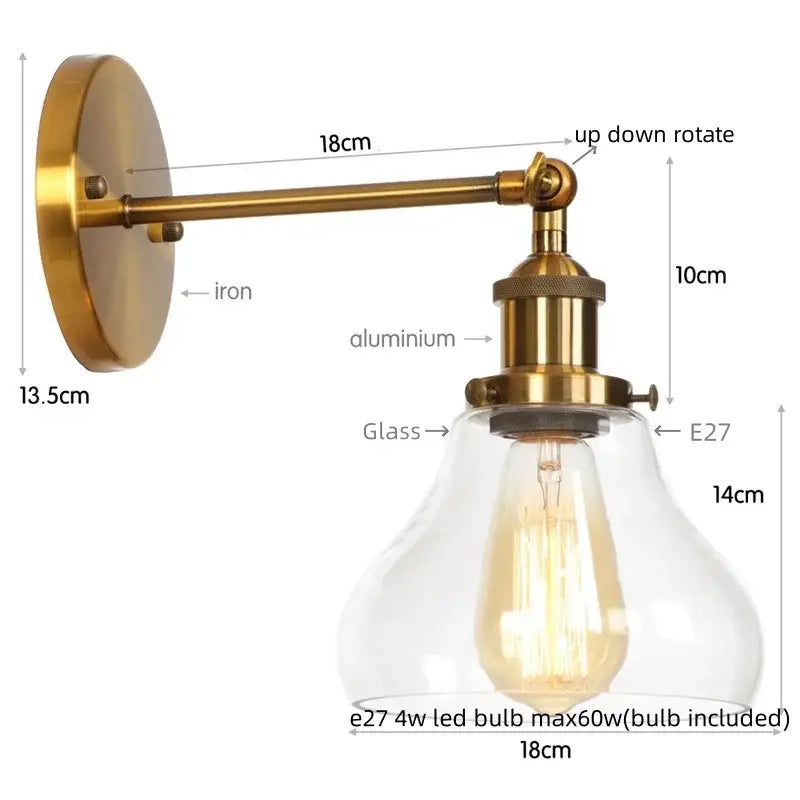Brass-finished decorbites gold led wall sconce with clear glass shade and e27 led bulb for bedroom lamp decor