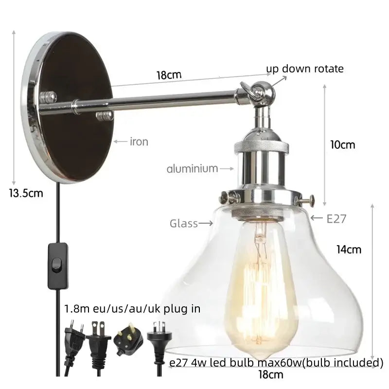 Industrial-style decorbites gold led wall sconce with chrome iron and aluminum arm clear glass shade and e27 led bulb for bedroom