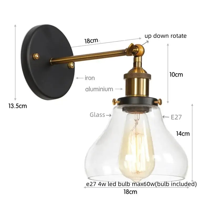 Retro gold led wall sconces with brass arm black iron backplate and clear glass shade for bedroom decorbites gold led lighting