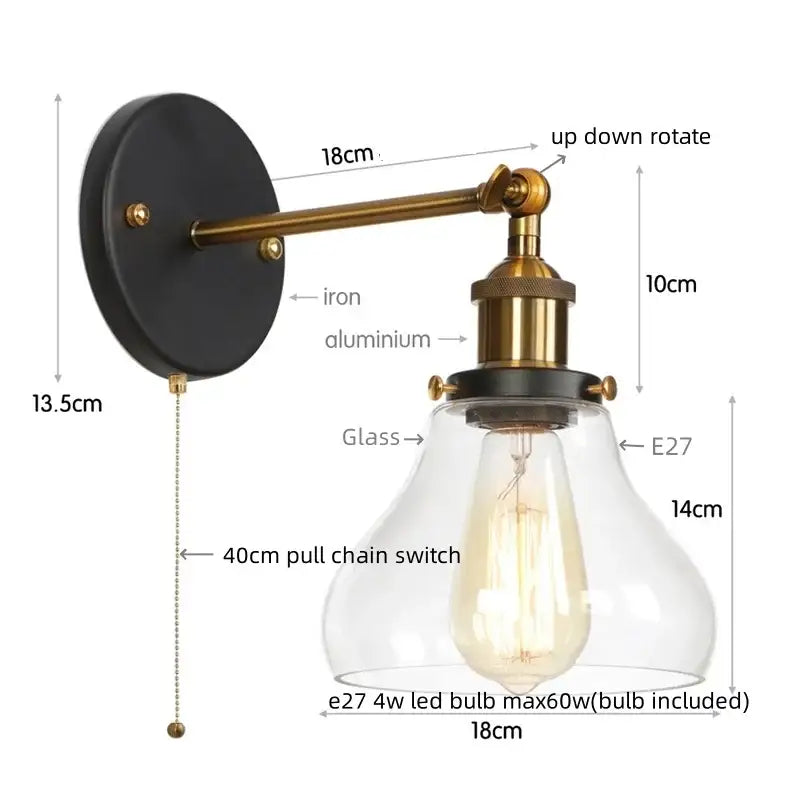 Industrial-style retro gold led wall sconces with black backplate brass arm and clear glass shade for bedroom decorbites gold led
