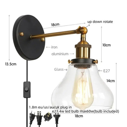 Retro gold led wall sconce with black base brass iron arm and clear glass shade for bedroom decorbites gold led design