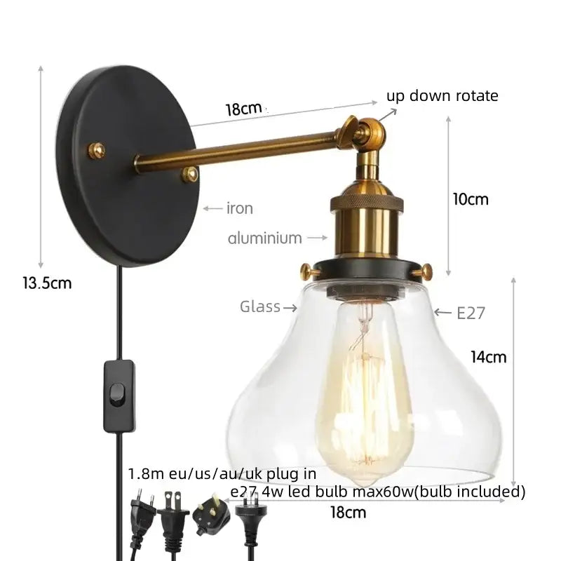 Retro gold led wall sconce with black base brass iron arm and clear glass shade for bedroom decorbites gold led design