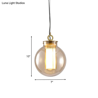 Retro Gold Pendulum Light with Amber Glass Sphere/Ellipse/Oblong Design and Tube Frame Insert (12.5"/19" H)