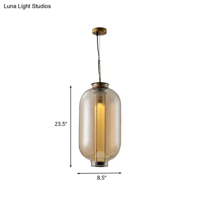 Retro Gold Pendulum Light with Amber Glass Sphere/Ellipse/Oblong Design and Tube Frame Insert (12.5"/19" H)