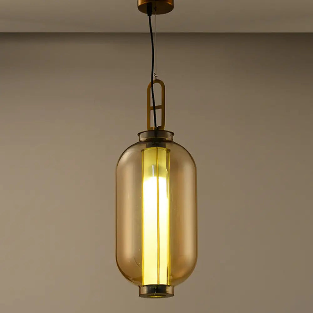 Retro Gold Pendulum Light with Amber Glass Sphere/Ellipse/Oblong Design and Tube Frame Insert (12.5"/19" H)