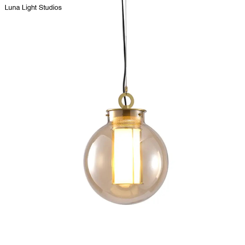 Retro Gold Pendulum Light with Amber Glass Sphere/Ellipse/Oblong Design and Tube Frame Insert (12.5"/19" H)