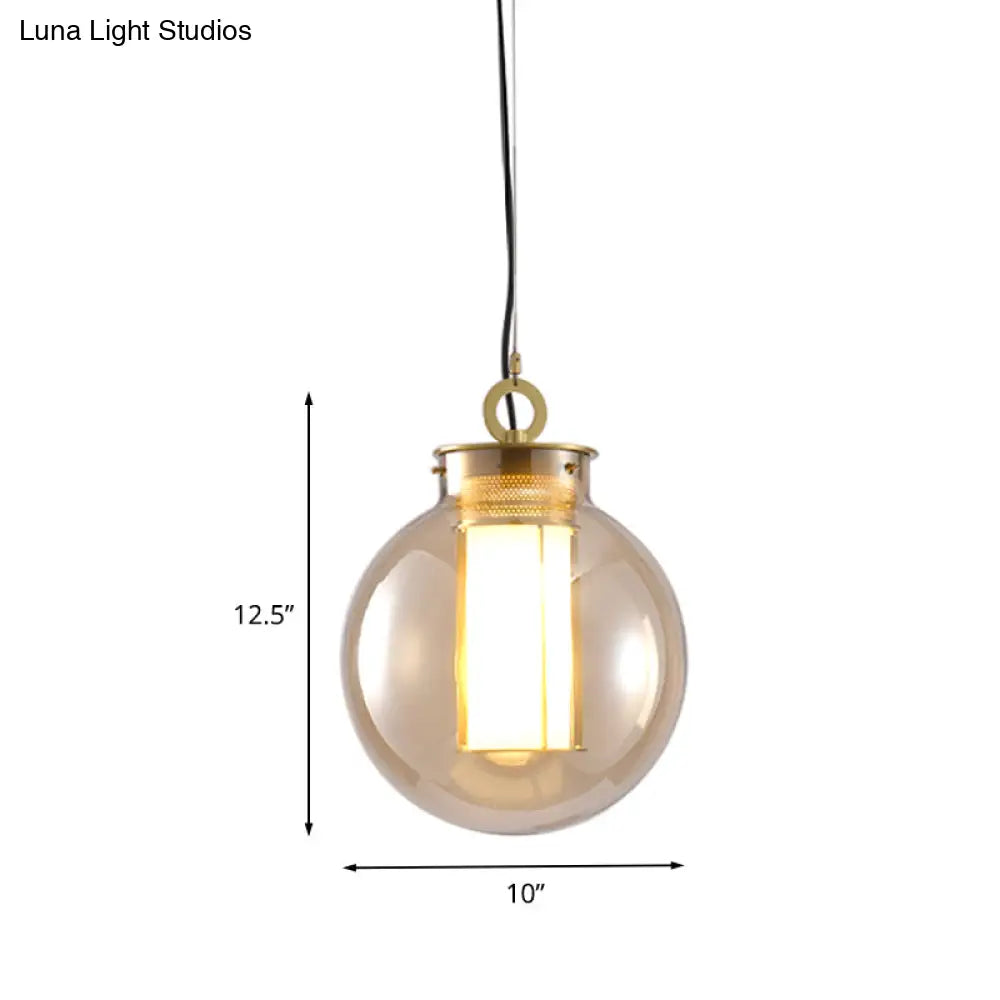 Retro Gold Pendulum Light with Amber Glass Sphere/Ellipse/Oblong Design and Tube Frame Insert (12.5"/19" H)