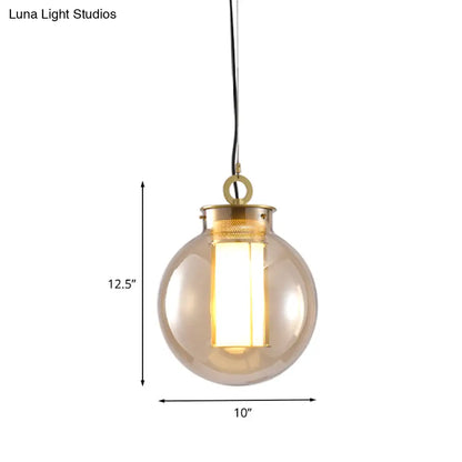 Retro Gold Pendulum Light with Amber Glass Sphere/Ellipse/Oblong Design and Tube Frame Insert (12.5"/19" H)