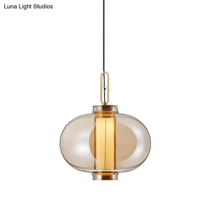 Retro Gold Pendulum Light with Amber Glass Sphere/Ellipse/Oblong Design and Tube Frame Insert (12.5"/19" H)