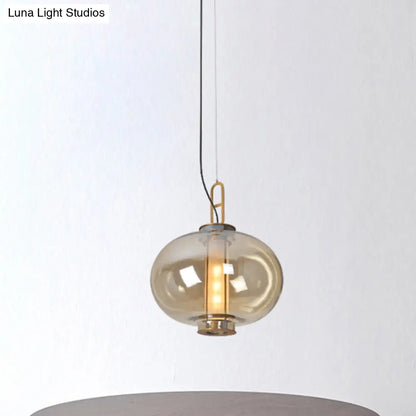 Retro Gold Pendulum Light with Amber Glass Sphere/Ellipse/Oblong Design and Tube Frame Insert (12.5"/19" H)